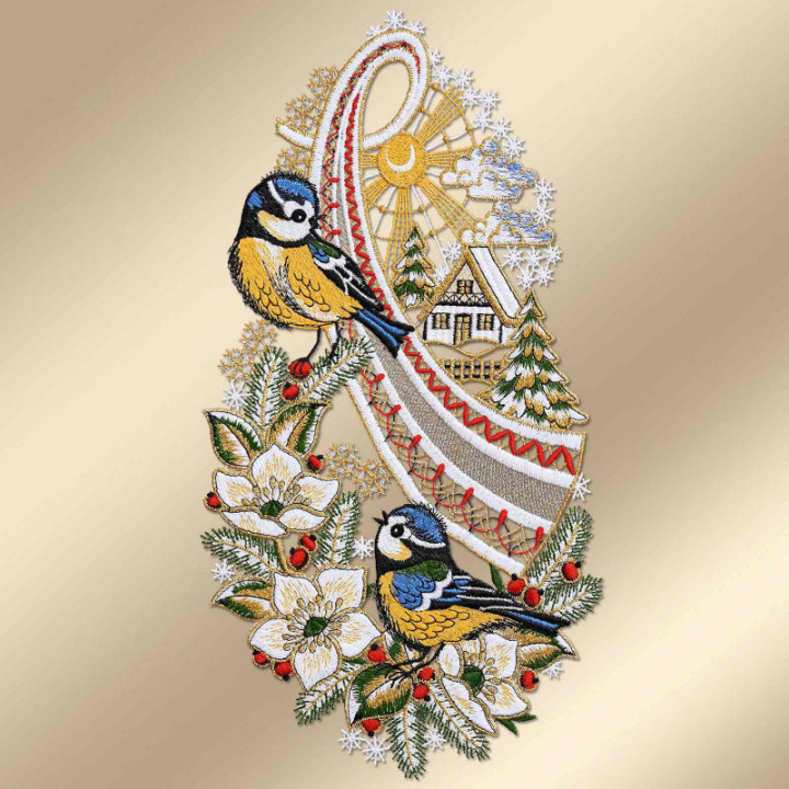 Fensterbild Blaumeisen auf Christrosenzweig Plauener Spitze 34 x 18 cm