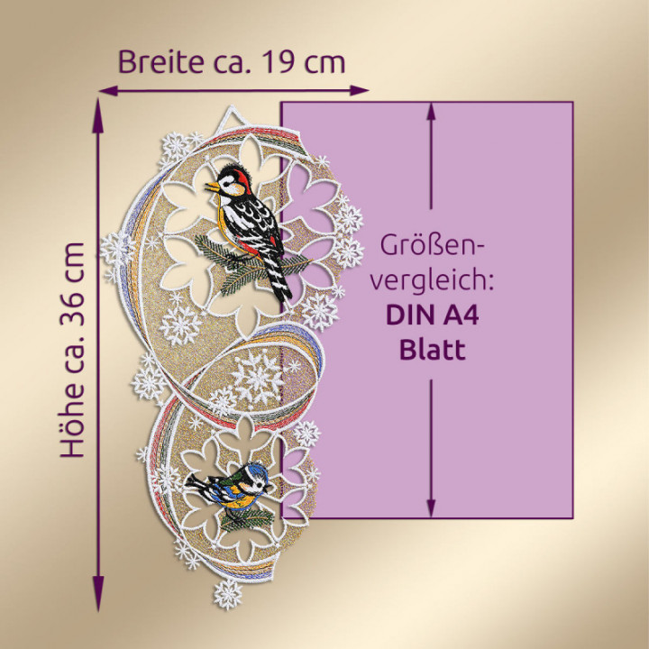 Fensterbild Vögel mit Schneeflöckchen Plauener Spitze 34 x 18 cm