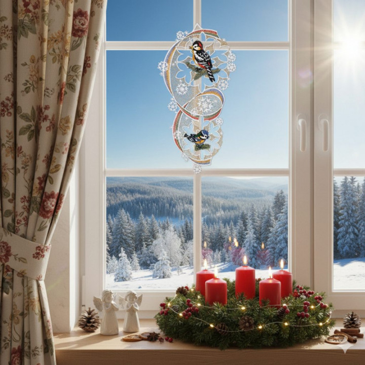 Fensterbild Vögel mit Schneeflöckchen Plauener Spitze 34 x 18 cm