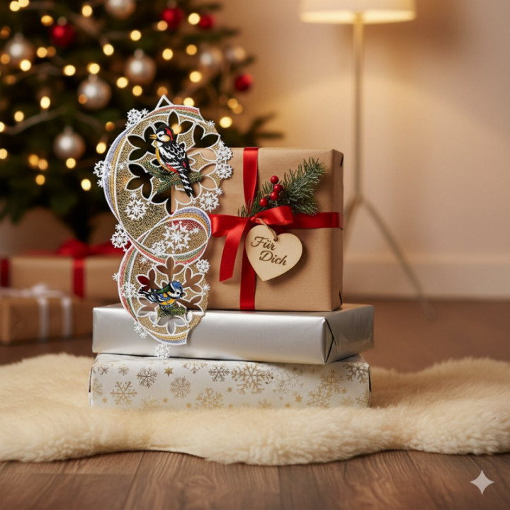 Fensterbild Vögel mit Schneeflöckchen Plauener Spitze 34 x 18 cm