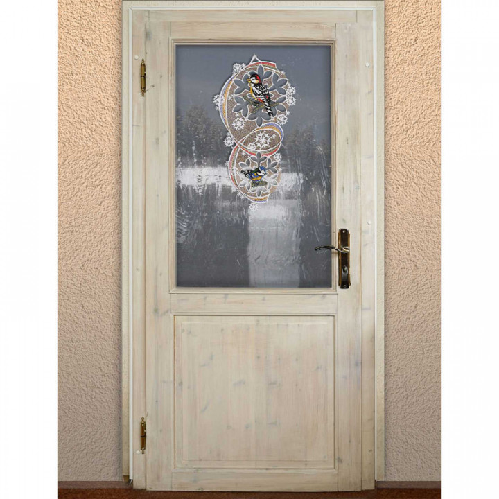 Fensterbild Vögel mit Schneeflöckchen Plauener Spitze 34 x 18 cm