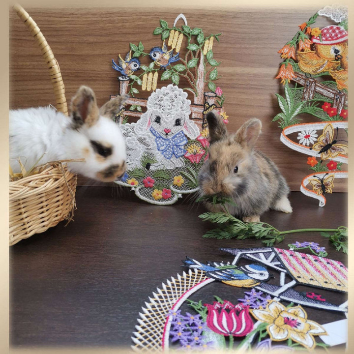 Fensterbild Küken Lila - Vogtländische Spitze - Ostern Deko 33x19cm