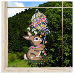 Fensterbild Hase mit Osterballon vogtländischer Spitze | Oster- und Frühlingsdeko 34x18 cm