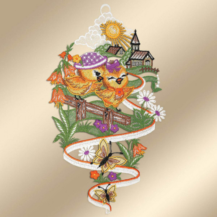 Fensterbild Küken Lila - Vogtländische Spitze - Ostern Deko 33x19cm