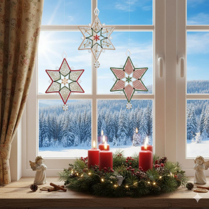 Weihnachts-Fensterbilder Sternenglanz 3er Set Plauener Spitze