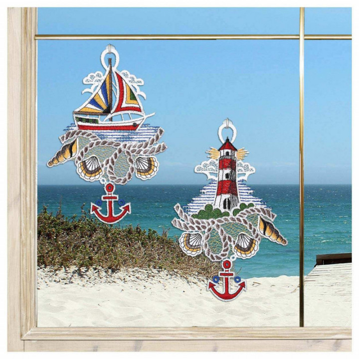 Fensterbilder Meeresbrise Vogtländische Spitze Segelboot & Leuchttum