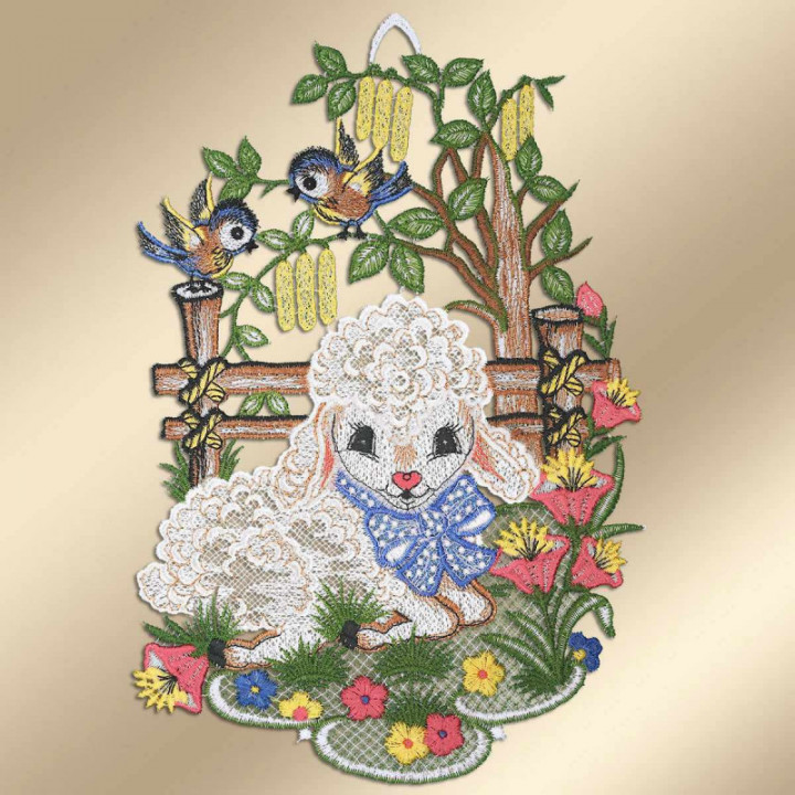 Fensterbild Schäfchen - Blaumeisen - Vogtländische Spitze - 31x21cm