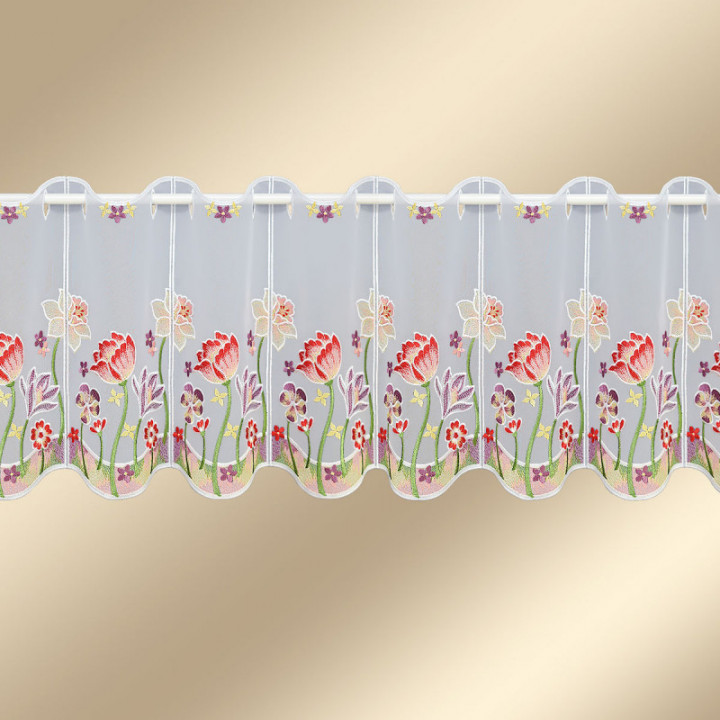 Scheibengardine Frühlingszauber Plauener Spitze Landhaus-Scheibenhänger halbtransparent bestickt mit Tulpen Narzissen Krokussen
