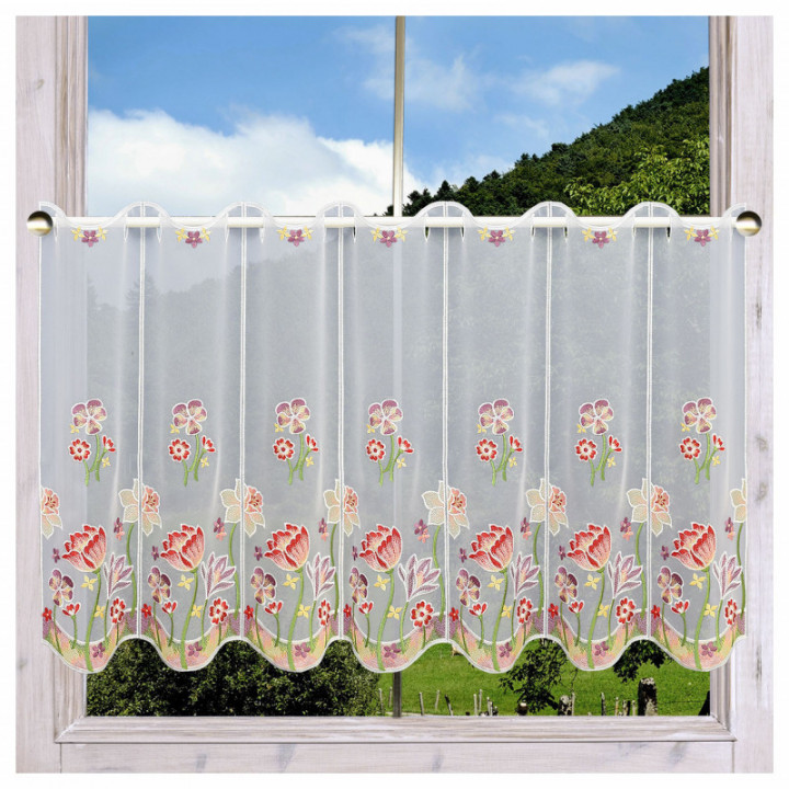 Scheibengardine Frühlingszauber Plauener Spitze Landhaus-Scheibenhänger halbtransparent bestickt mit Tulpen Narzissen Krokussen