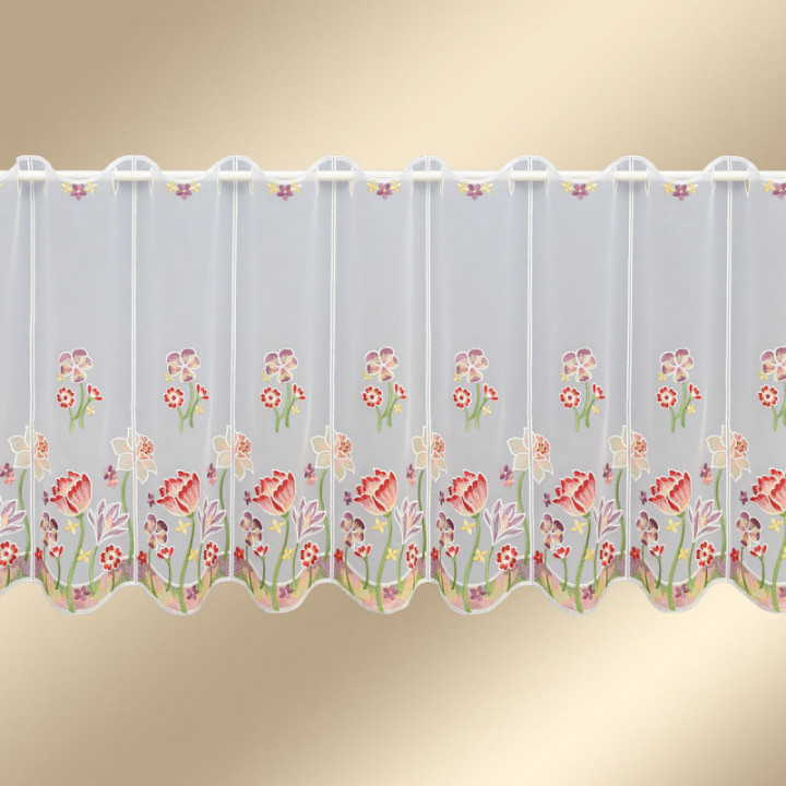 Scheibengardine Frühlingszauber Plauener Spitze Landhaus-Scheibenhänger halbtransparent bestickt mit Tulpen Narzissen Krokussen