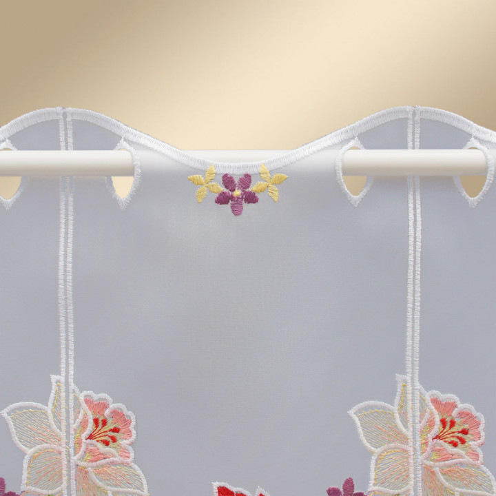 Scheibengardine Frühlingszauber Plauener Spitze Landhaus-Scheibenhänger halbtransparent bestickt mit Tulpen Narzissen Krokussen