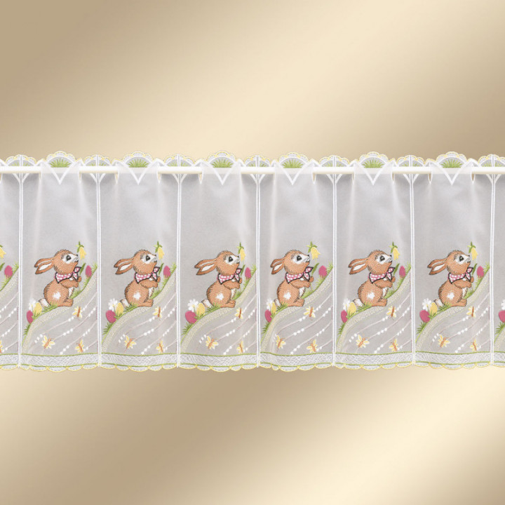 Scheibengardine Osterhase Plauener Spitze Landhaus-Scheibenhänger halbtransparent bunt bestickt mit Osterei Schmetterling Blumen