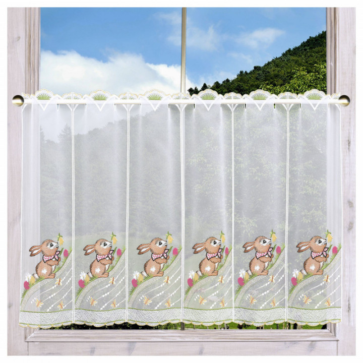 Scheibengardine Osterhase Plauener Spitze Landhaus-Scheibenhänger halbtransparent bunt bestickt mit Osterei Schmetterling Blumen