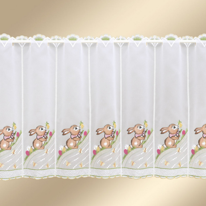 Scheibengardine Osterhase Plauener Spitze Landhaus-Scheibenhänger halbtransparent bunt bestickt mit Osterei Schmetterling Blumen