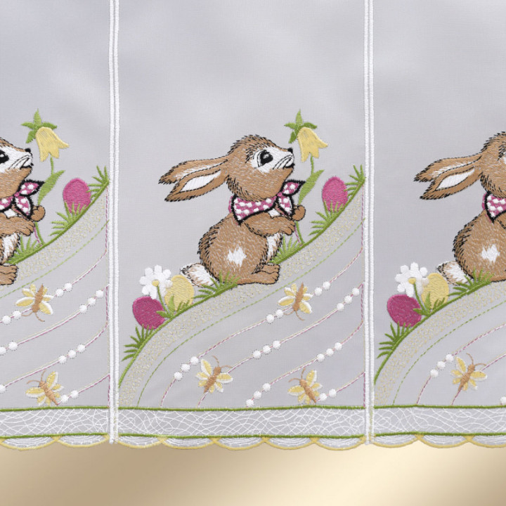 Scheibengardine Osterhase Plauener Spitze Landhaus-Scheibenhänger halbtransparent bunt bestickt mit Osterei Schmetterling Blumen