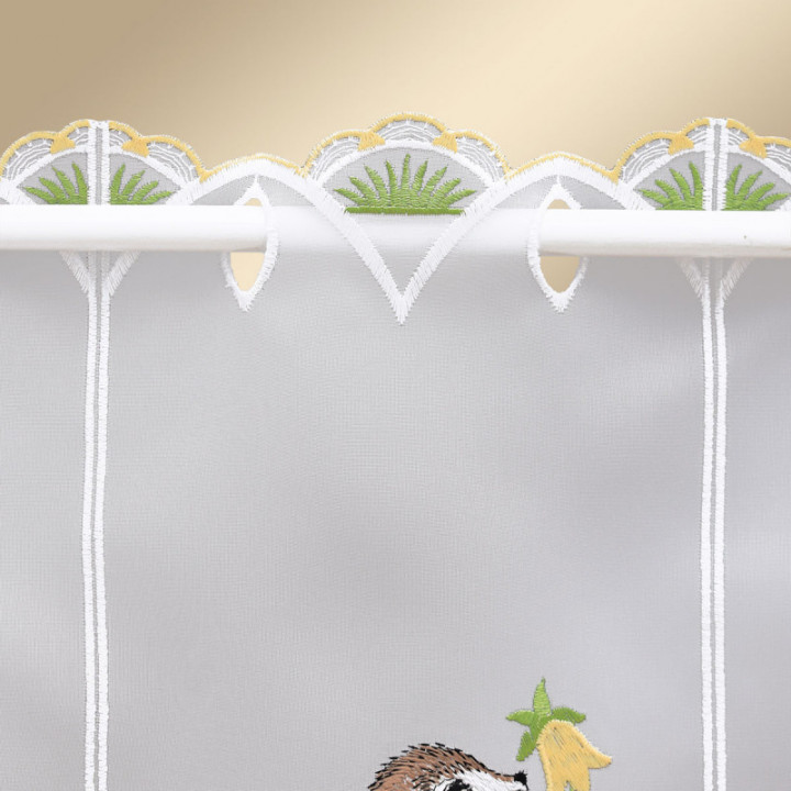 Scheibengardine Osterhase Plauener Spitze Landhaus-Scheibenhänger halbtransparent bunt bestickt mit Osterei Schmetterling Blumen