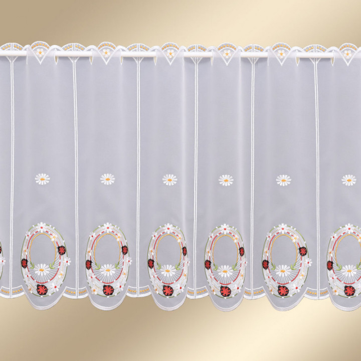 Scheibengardine Marienkäfer Plauener Spitze Landhaus-Scheibenhänger halbtransparent bunt bestickt mit Käfern und Gänseblümchen