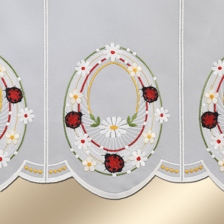 Scheibengardine Marienkäfer Plauener Spitze Landhaus-Scheibenhänger halbtransparent bunt bestickt mit Käfern und Gänseblümchen