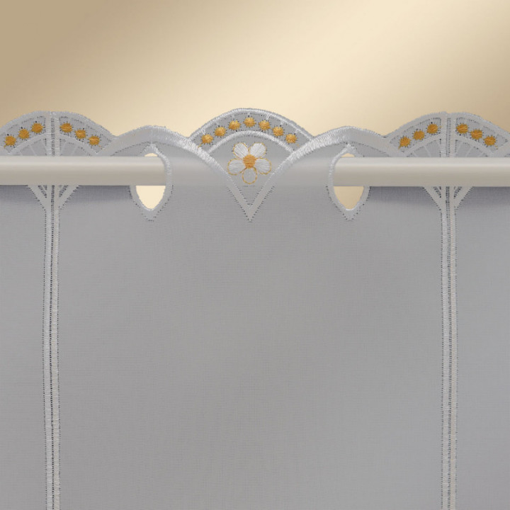 Scheibengardine Marienkäfer Plauener Spitze Landhaus-Scheibenhänger halbtransparent bunt bestickt mit Käfern und Gänseblümchen