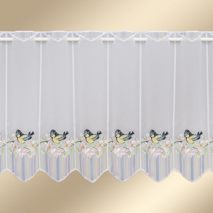 Scheibengardine Blaumeise auf Kirschblütenzweig Plauener Spitze Landhaus-Scheibenhänger halbtransparent bestickt mit Vögelchen