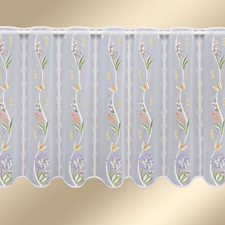 Scheibengardine Florina Blütenmotiv Plauener Spitze Landhaus-Scheibenhänger halbtransparent Weidenkätzchen Blumen Schmetterling