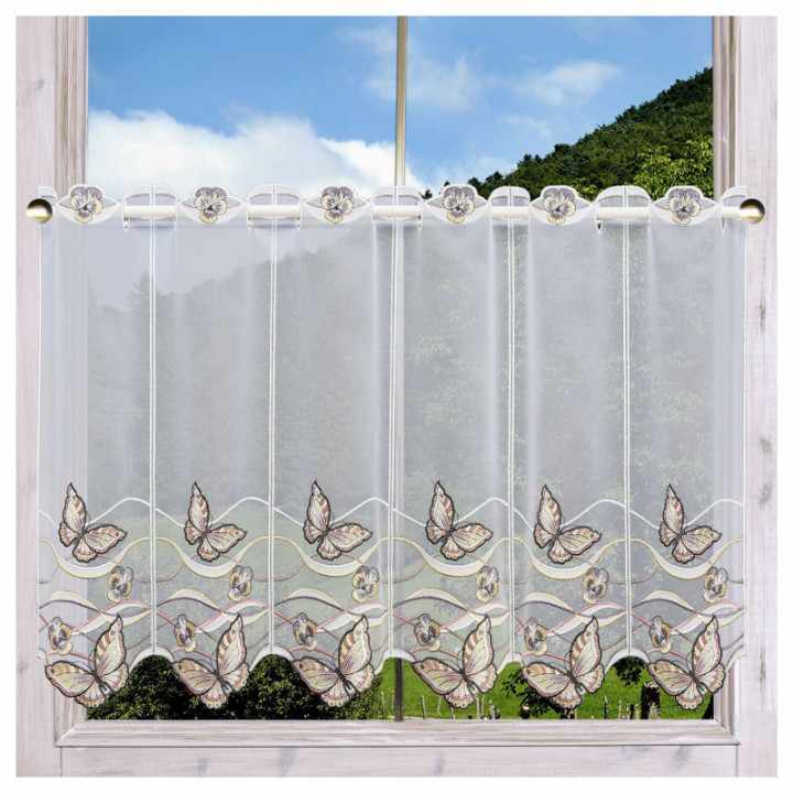 Scheibengardine Schmetterling Braun-Beige Plauener Spitze halbtransparenter Scheibenhänger bestickt mit Falter Wellenlinien und 