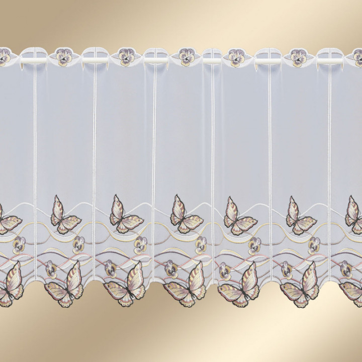 Scheibengardine Schmetterling Braun-Beige Plauener Spitze halbtransparenter Scheibenhänger bestickt mit Falter Wellenlinien und 