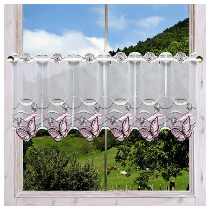 Scheibengardine Schmetterling Pink-Taupe Plauener Spitze halbtransparenter Scheibenhänger bestickt mit Falter Wellenlinien und S