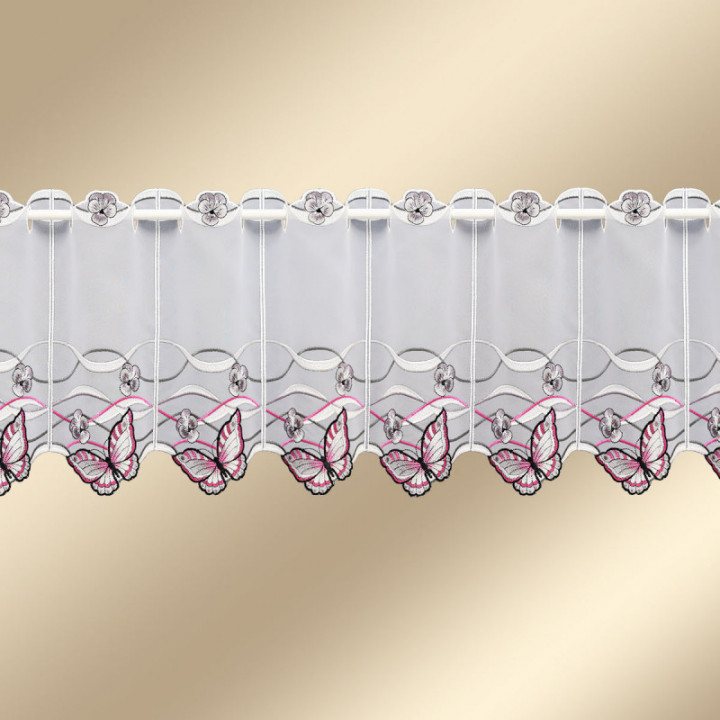 Scheibengardine Schmetterling Pink-Taupe Plauener Spitze halbtransparenter Scheibenhänger bestickt mit Falter Wellenlinien und S