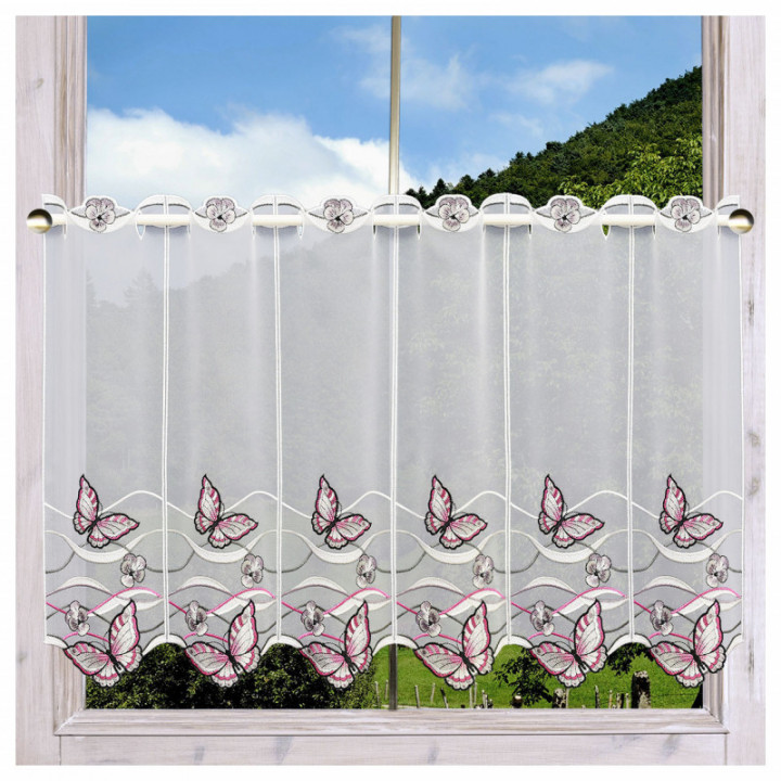 Scheibengardine Schmetterling Pink-Taupe Plauener Spitze halbtransparenter Scheibenhänger bestickt mit Falter Wellenlinien und S