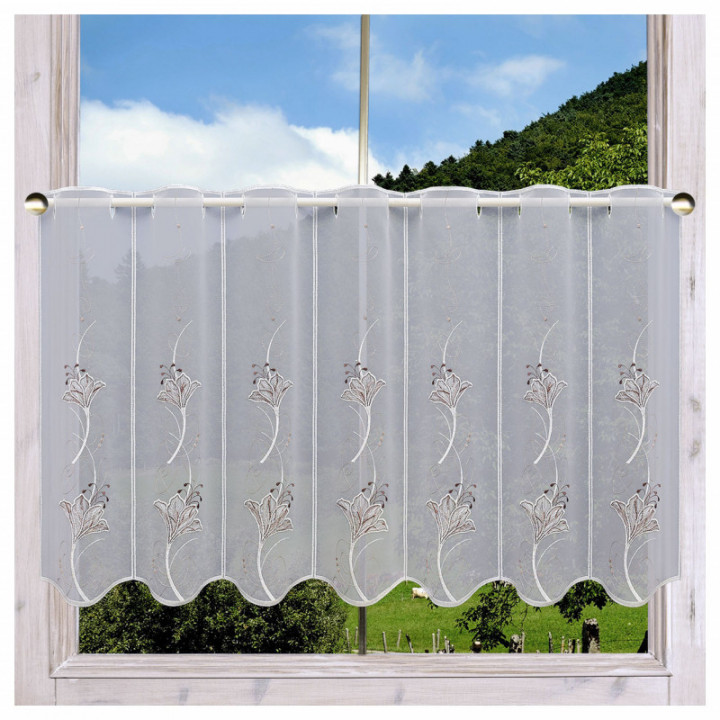 Scheibengardine Lilie Braun-Beige Plauener Spitze zart bestickt Scheibenhänger Ornament-Stickerei und Blüten klassisch-zarte Tön