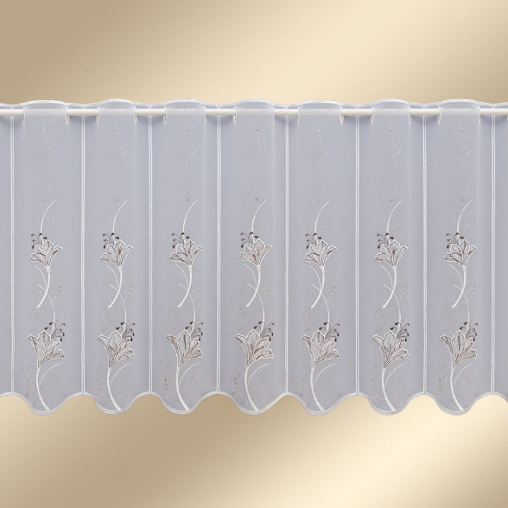 Scheibengardine Lilie Braun-Beige Plauener Spitze zart bestickt Scheibenhänger Ornament-Stickerei und Blüten klassisch-zarte Tön