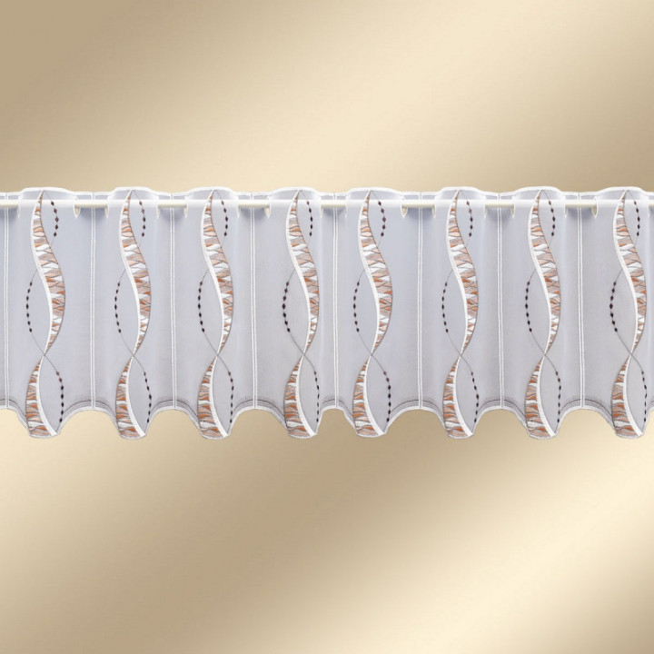 Scheibengardine Devina beige-braun Plauener Spitze zart bestickt Scheibenhänger Bänder mit Ornament-Stickerei Perlenschnurmuster