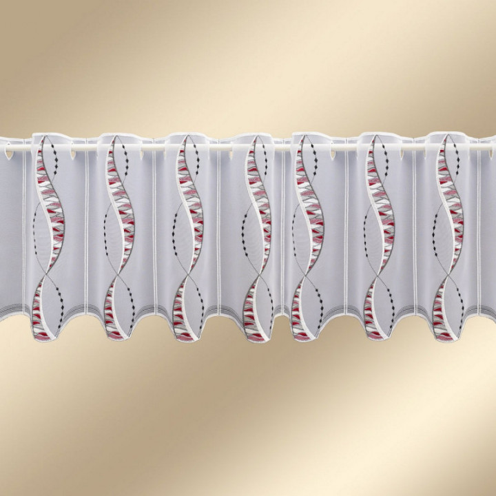 Scheibengardine Devina rot-grau anthrazit Plauener Spitze zart bestickt Scheibenhänger Bänder Ornament-Stickerei Perlenschnurmus