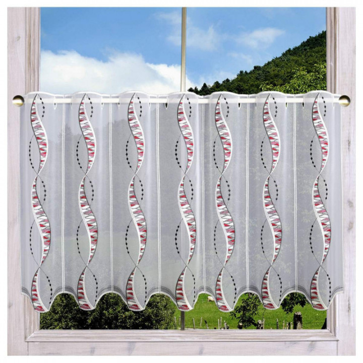 Scheibengardine Devina rot-grau anthrazit Plauener Spitze zart bestickt Scheibenhänger Bänder Ornament-Stickerei Perlenschnurmus