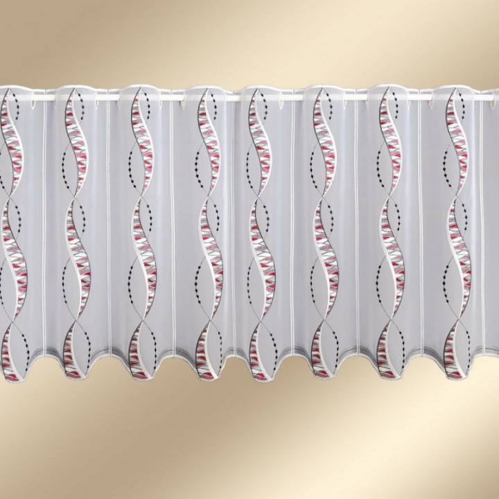 Scheibengardine Devina rot-grau anthrazit Plauener Spitze zart bestickt Scheibenhänger Bänder Ornament-Stickerei Perlenschnurmus