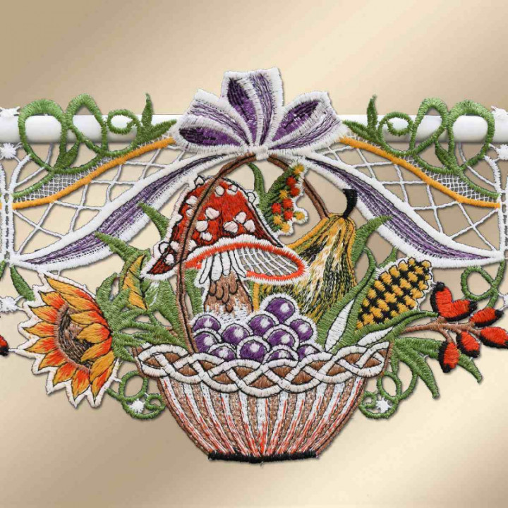 Feenhaus-Spitzengardine Herbst-Körbchen 15 cm hoch aus Plauener Spitze