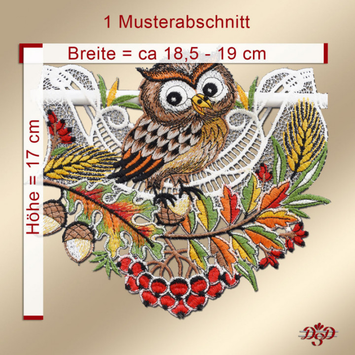 Feenhaus-Spitzengardine Herbst-Eule 17 cm hoch Echte Plauener Spitze