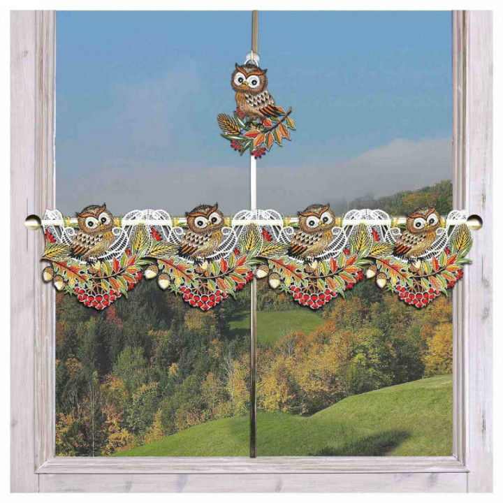 Feenhaus-Spitzengardine Herbst-Eule 17 cm hoch Echte Plauener Spitze