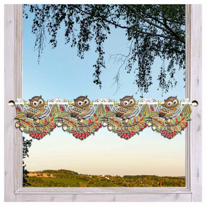 Feenhaus-Spitzengardine Herbst-Eule 17 cm hoch Echte Plauener Spitze