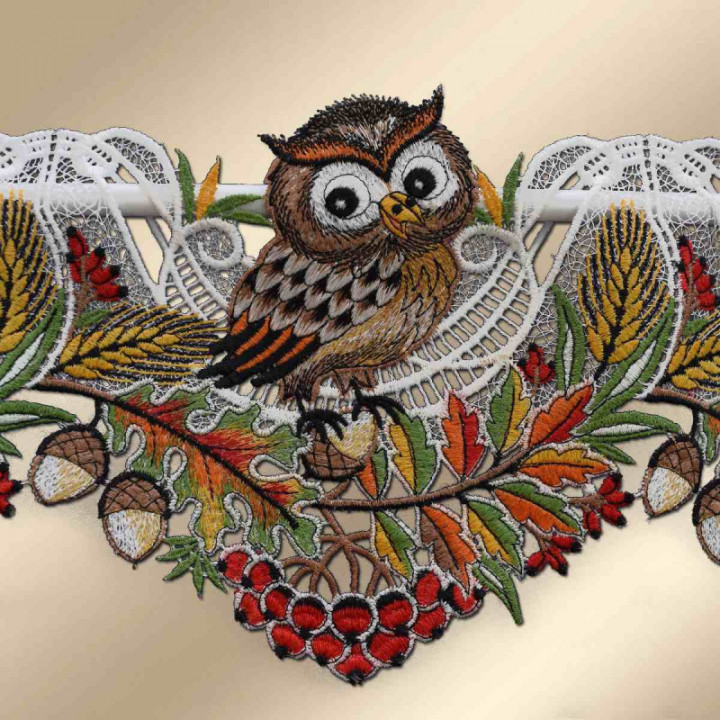 Feenhaus-Spitzengardine Herbst-Eule 17 cm hoch Echte Plauener Spitze