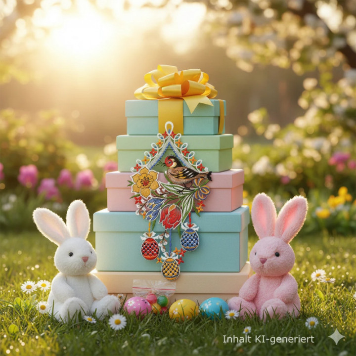 Gesticktes Fensterbild Stieglitz: Vogtländische Spitze & Frühlingsdeko