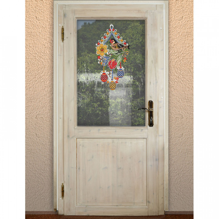 Gesticktes Fensterbild Stieglitz: Vogtländische Spitze & Frühlingsdeko