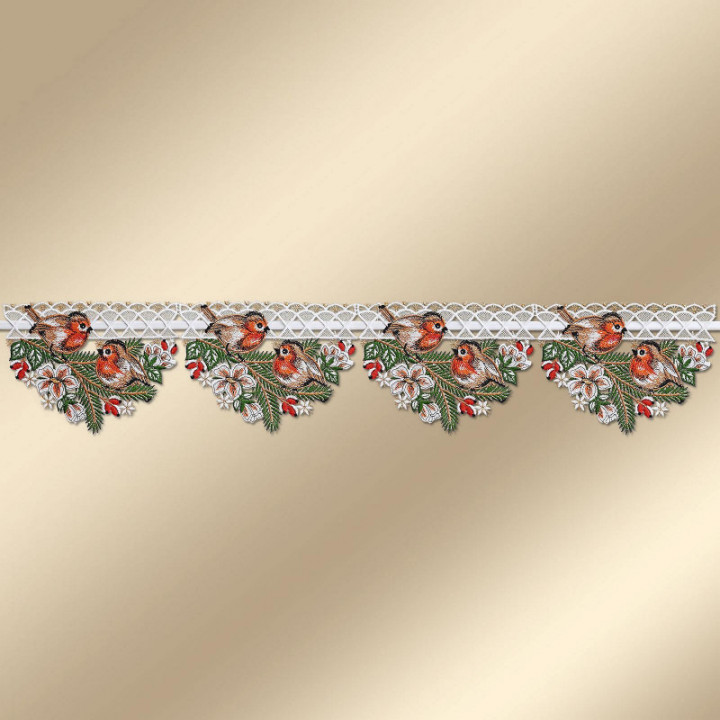 Feenhausgardine Scheibenhänger Rotkehlchen Plauener Spitze 14 cm hoch