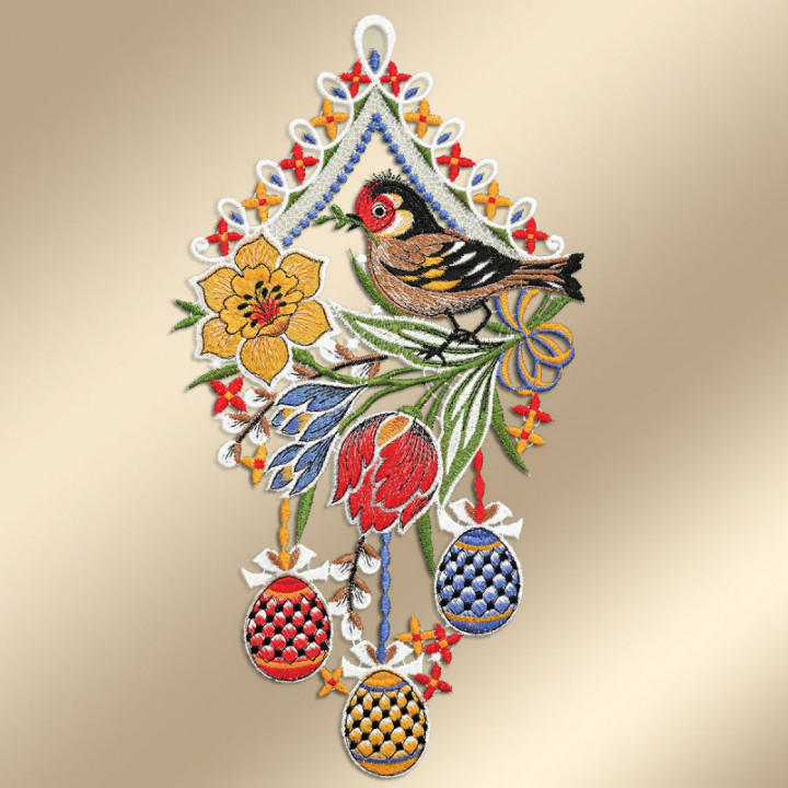 Gesticktes Fensterbild Stieglitz: Vogtländische Spitze & Frühlingsdeko