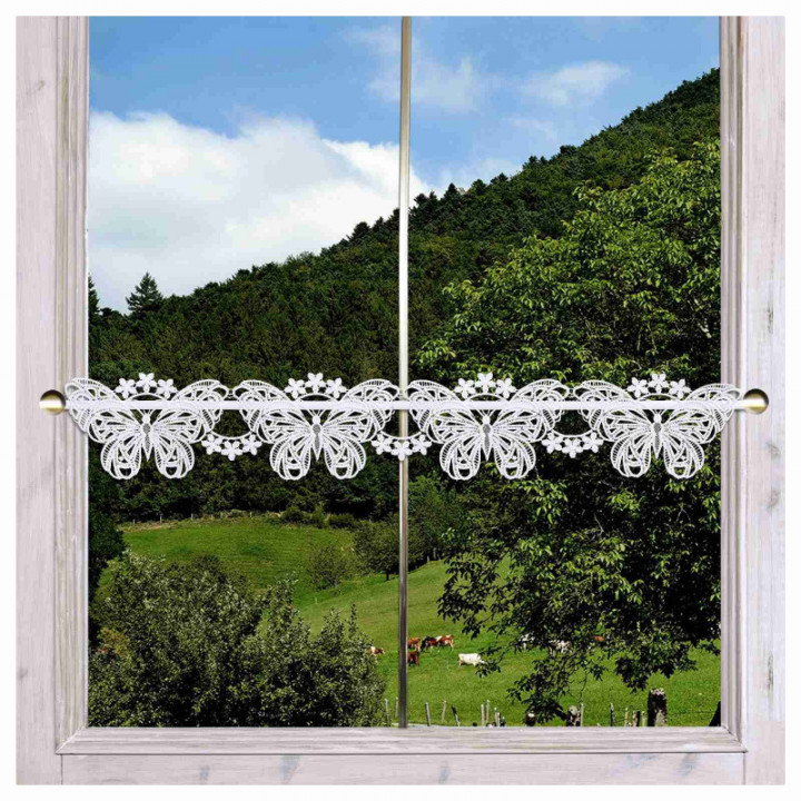 Feenhaus-Spitzengardine Schmetterling mit Blumen Plauener Spitze weiß 12cm
