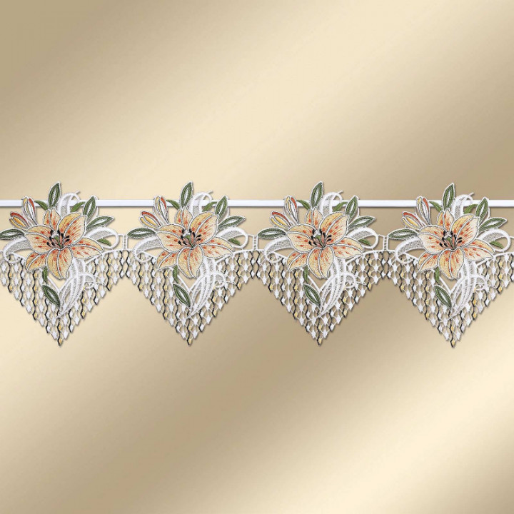 Feenhaus-Spitzengardine Leila mit Lilie gelb Plauener Spitze 23cm hoch