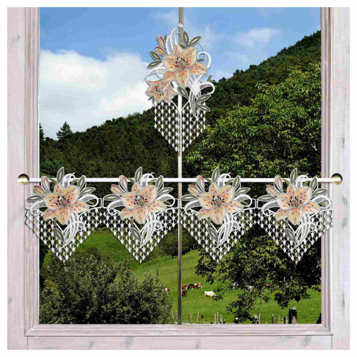 Feenhaus-Spitzengardine Leila mit Lilie gelb Plauener Spitze 23cm hoch