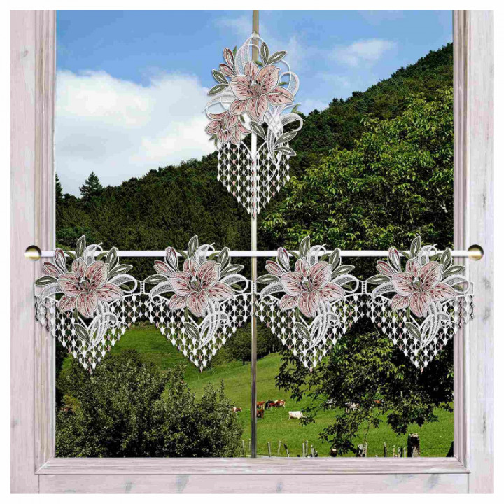 Feenhaus-Spitzengardine Leila mit Lilie rosa Plauener Spitze 23cm hoch