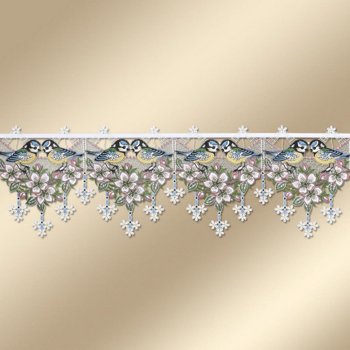 Feenhaus-Scheibengardine Vogelgezwitscher Plauener Spitze Frühling 23 cm hoch